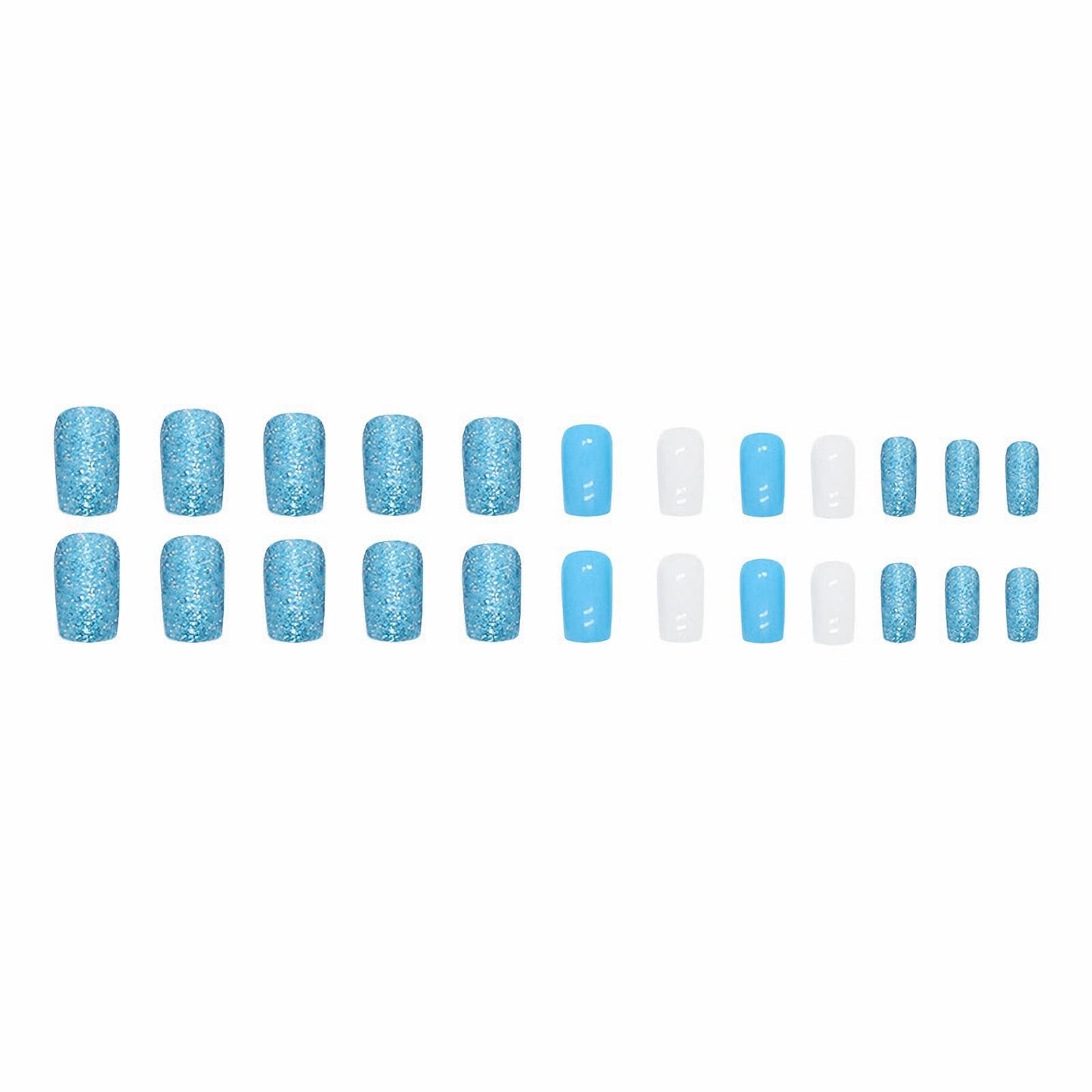 MISUD Press on Nails - Short Square Glue on Nails with Summer Blue, Acrylic Bling Glitter Design 24 pcs
