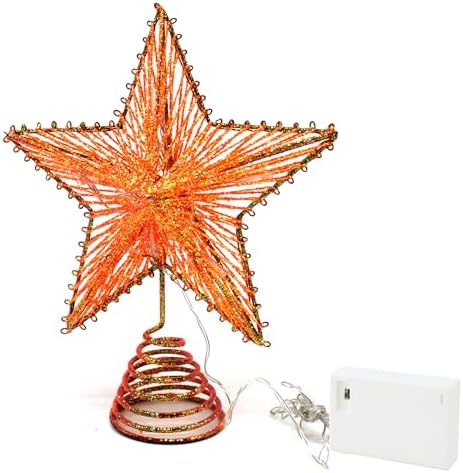 CVHOMEDECO. Orange Glittered 3D Tree Top Star with Warm White LED Lights and Timer for Christmas Tree Topper Decoration and Holiday Seasonal D??cor, 8 x 10 Inch
