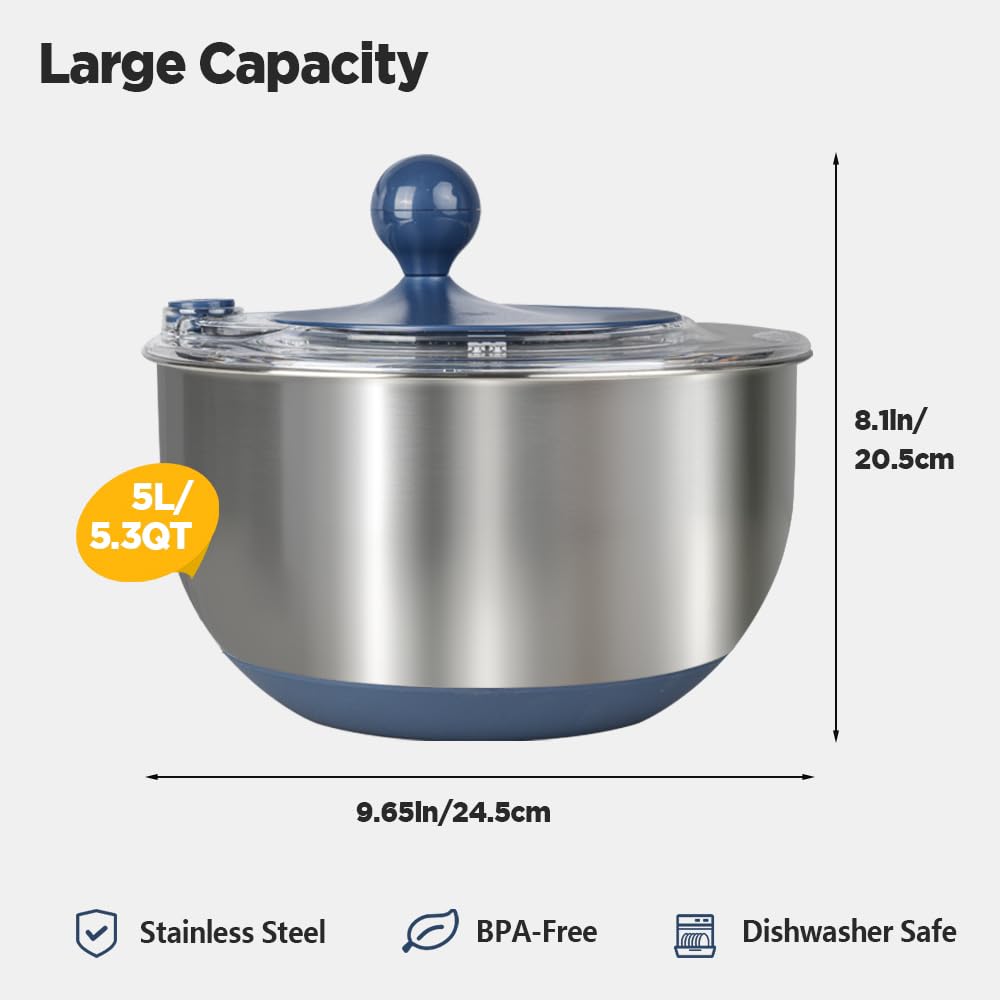 Stainless Steel Salad Spinner, 5.3 Qt Lettuce Spinner with Non-Slip Base, Drain and Stop Button, Fruit and Vegetable Washer and Dryer Spinner