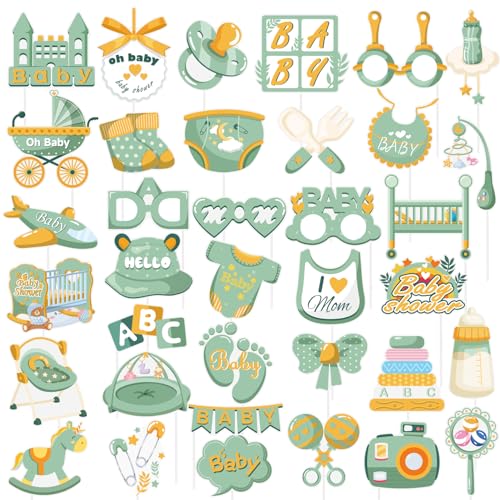 SUNBEAUTY 36 PCS Sage Green Baby Shower Photo Booth Props - Neutral Greenery Oh Baby Decorations - color: Sage Green Baby Shower