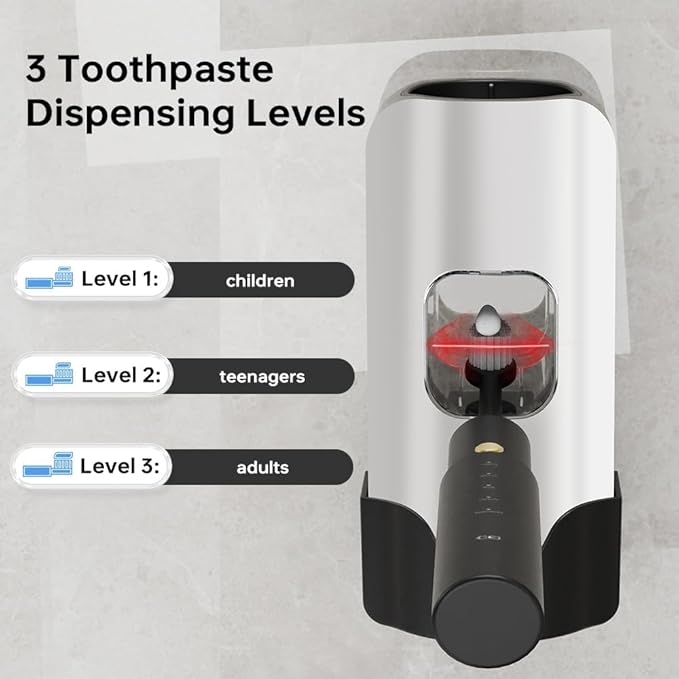 Automatic Toothpaste Dispenser Wall Mounted - Hands-Free Toothpaste Squeezer with 3 Speed Settings, 2 Toothbrush Holders & Strong Adhesive - Smart Bathroom Organizer for Kids and Adults