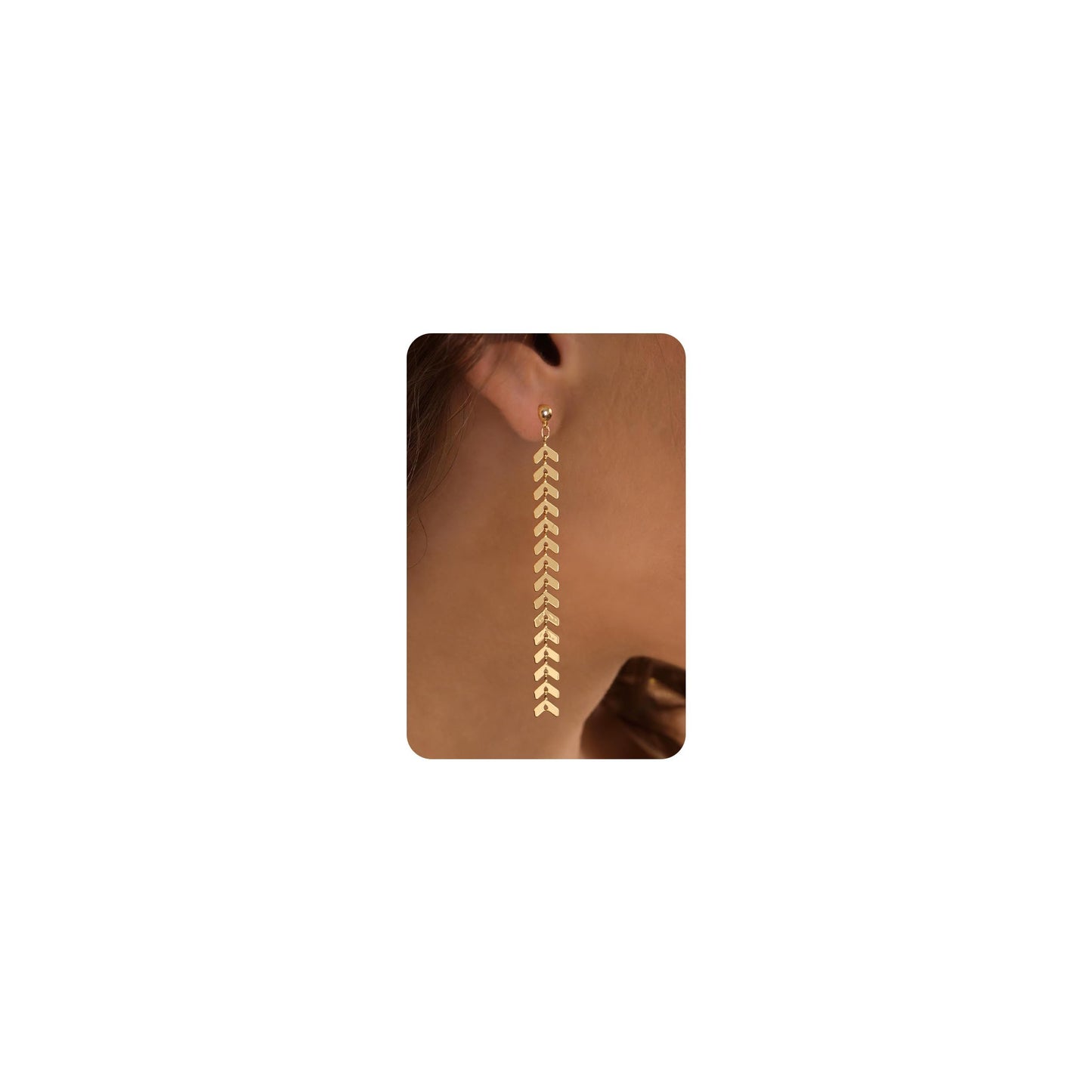 PRTGL Dangle Earrings - 14K Gold Plated Fishbone Wheat Design Long Dangle Earrings for Women