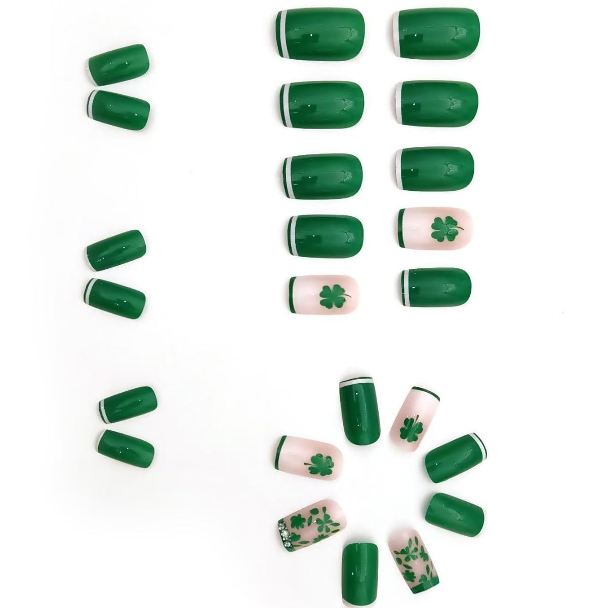 St. Patrick's Press on Nails Clover Short Square Fake Nails with Rhinestone Designs Green French Tip False Nails Full Cover Glossy Stick on Nails St. Patrick's Glue on Nails for Women Girls