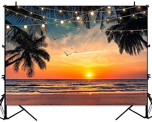 Sensfun Sea Beach Sunset Backdrop Hawaii Tropical Palm Trees Luau Party Photography Background Summer Seaside Vacation Wedding Birthday Baby Shower Party Decorations Banner Photo Booth Props 8x6ft - size: 8x6ft