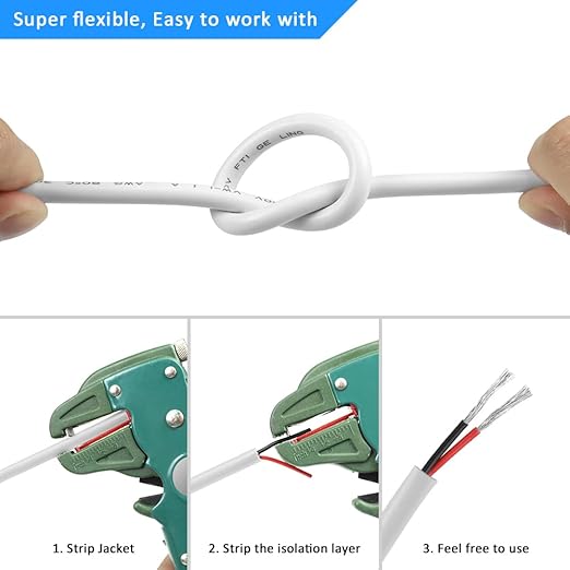 DEKIEVALE 18 Gauge 2 Conductor Electrical Wire, 32.8FT White Stranded Low Voltage 18/2 Cable PVC Case, 18 AWG Tinned Copper 2 Wire Extension Power Cable for LED Lamp Lighting, Automotive
