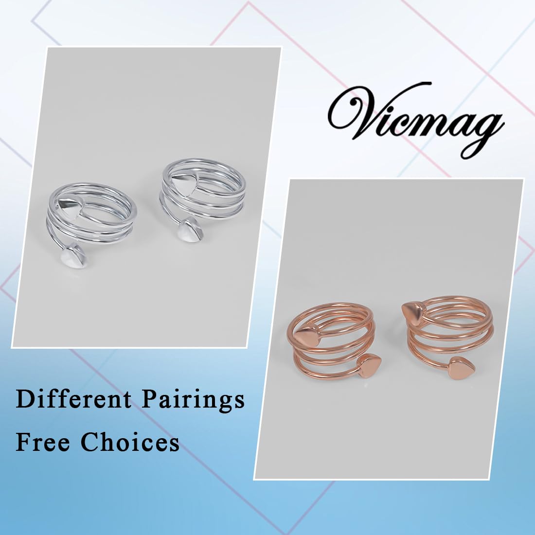 Vicmag Copper Magnetic Ring for Women Ring Ladies Fingers Thumb 99.9% Solid Pure Copper Gift 2PCS Adjustable (Silver Heart)