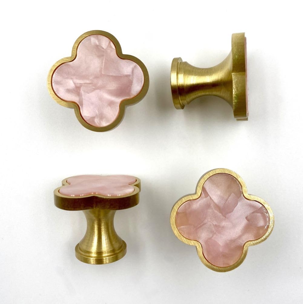 WIN CHAMP Solid Brass Decorative Wall Hooks, Coat Backpack Purse Screw-in Hangers, Wall Mounted Fancy Champagne Gold Hooks (Blossom Pink 4 Pack)