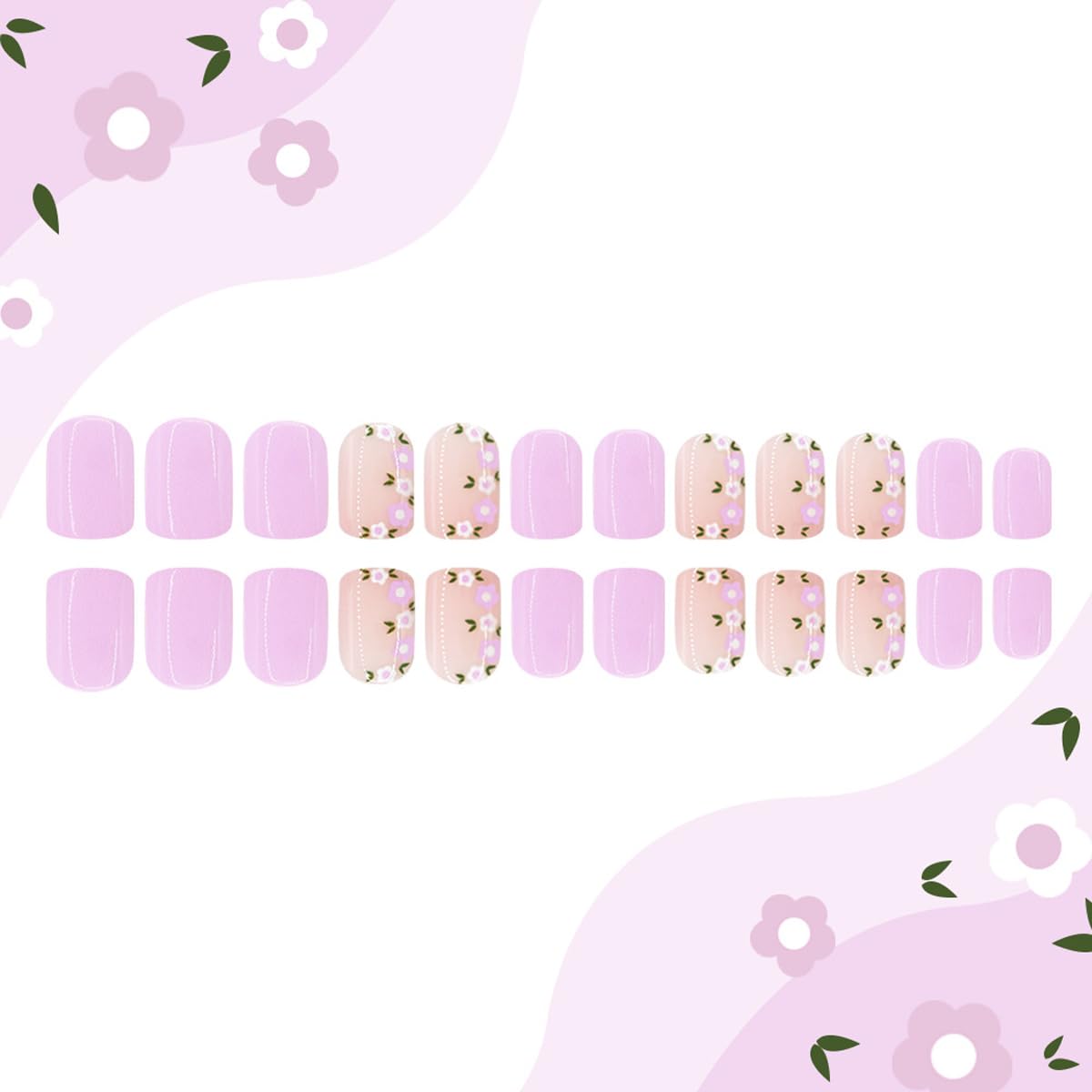 Spring Press on False Nails Purple Fake Nails Short Square Glue on Nails with Cute Flower Designs Glossy Nude Press ons Stick on Nail for Women Manicure 24Pcs