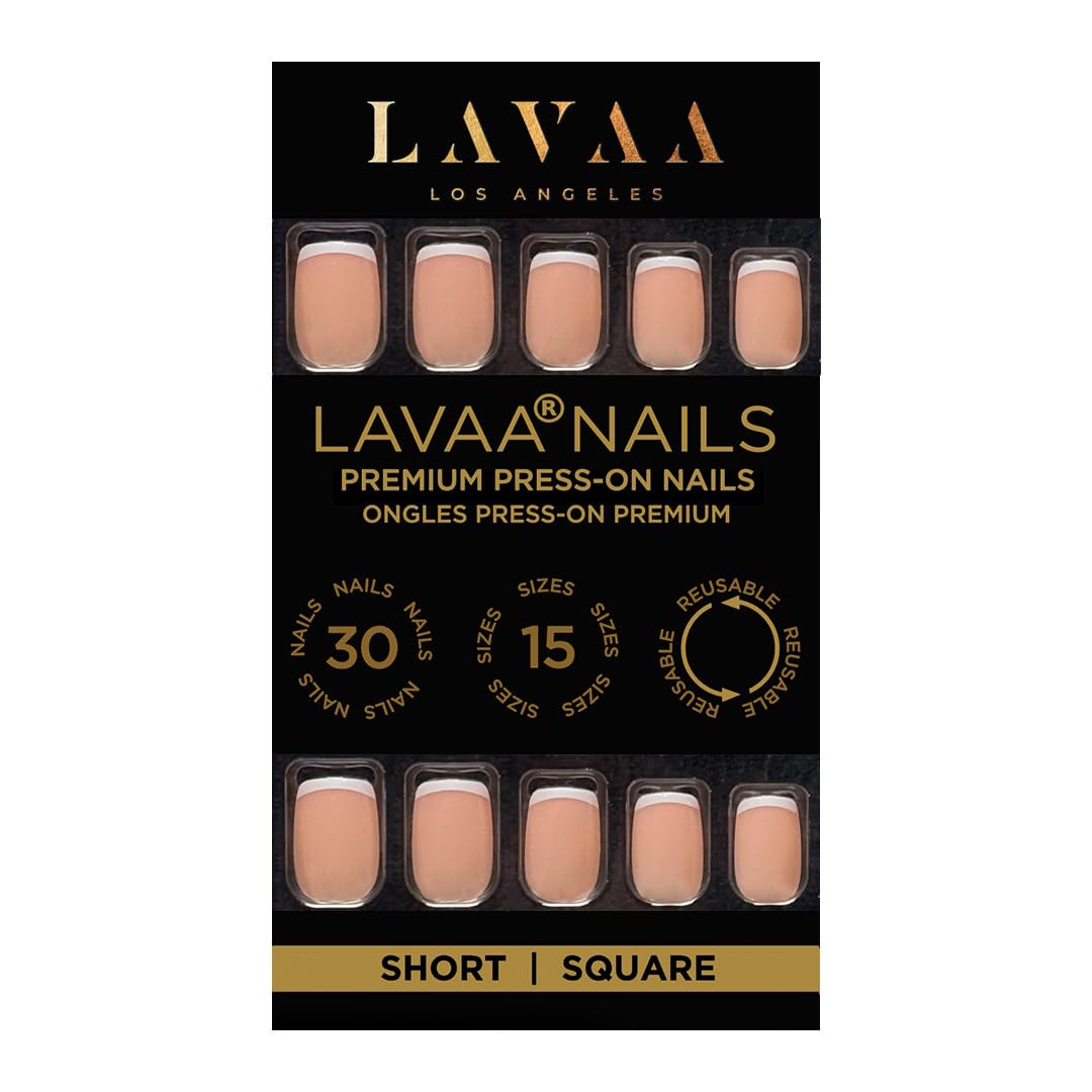 NATURAL FRENCH Press-On Nails by Lavaa Beauty | Short Square | Thin French Tip on Glossy Nude Base