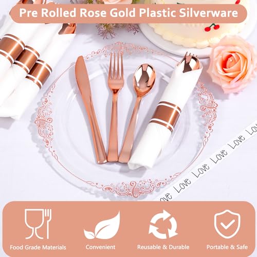 50Guests Pre Rolled Rose Gold Plastic Silverware Sets - Heavy Duty Rose Gold Cutlery - Include 50 Pack Wrapped Disposable Utensils with Napkins for Parties, Dinners & Weddings & Mother's Day - color: 50Pack - Rose Gold