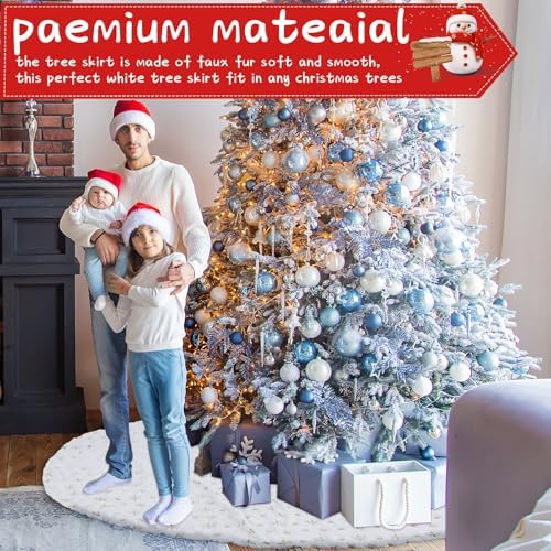 Libima 84 Inches Large Christmas Tree Skirt Faux Fur Xmas Tree Skirt White Plush Velvet with Gold Sequins Snowflakes for Xmas Decorations Merry Christmas Party Winter Home Holiday Ornaments