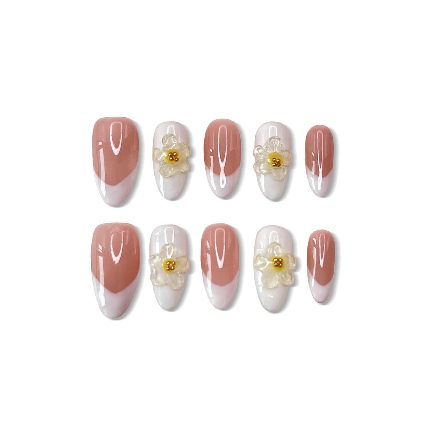 Handmade Press on Nails Medium Almond Fake Nails Press Ons White 3D Luxury Elegant Flower Full Cover Stick on Nails Glue on Nails for Women Girls Manicure (Clear White M)