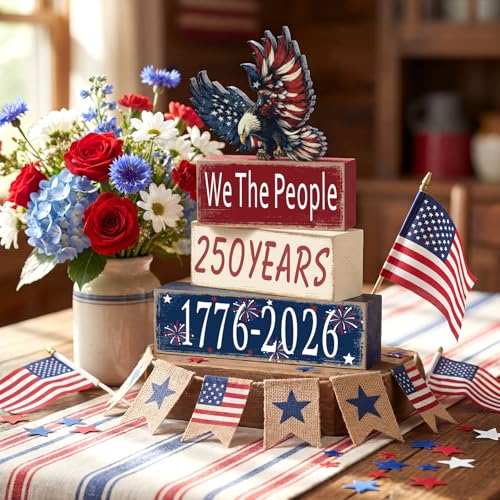 GlikCeil 4 Pcs 250th Anniversary Table Decoration 4th of July Tiered Tray Decor Eagle Patriotic Wooden Block Sign 1776-2026 Independence Day Centerpiece Rustic Star Tabletop Eagle Decor for Indoor - style: Eagle