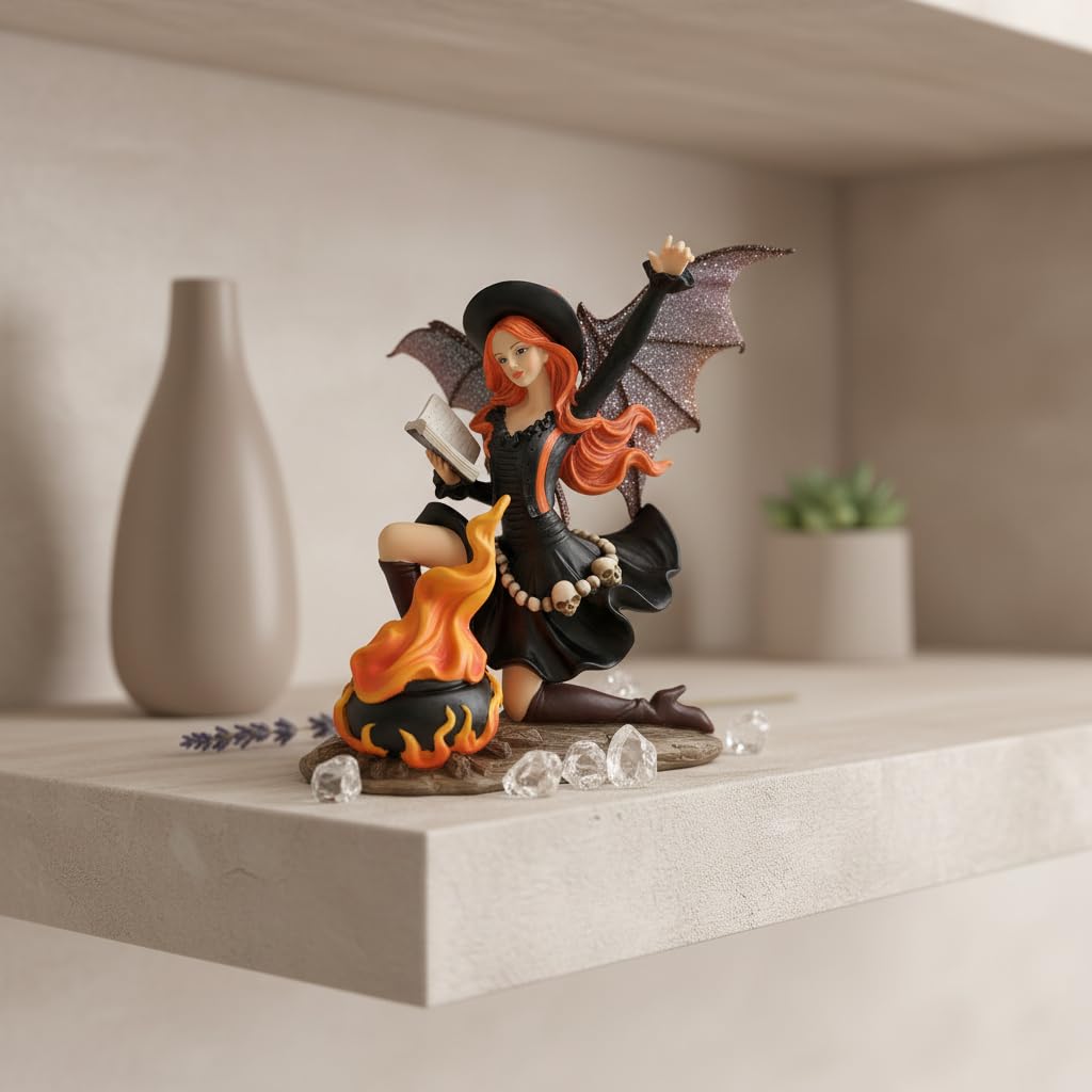 Comfy Hour 9" Gothic Fairy Witch Figurine with Owl and Cauldron, Fantasy Sorceress Reading Book Statue, Mystical Halloween Indoor Decor Accent, Polyresin Artisan Crafted Sculpture, 1 Unit