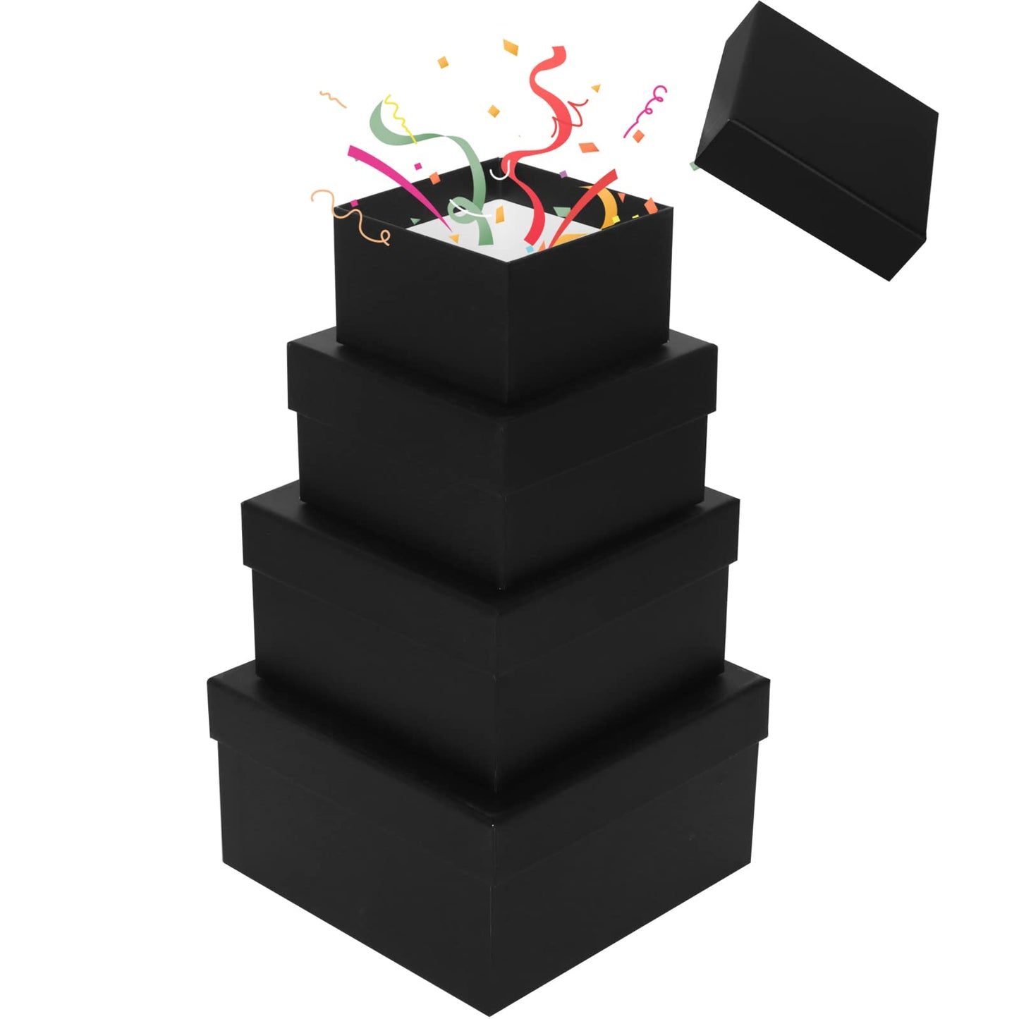 NOVELTYBOXUSA Nesting Gift Boxes with Lids 4 Pack,Fancy Square Rigid Gift Boxes for Present Black Stackable Gift Packing Boxes For Groomsmen Proposal Wedding Birthday Baby Showers