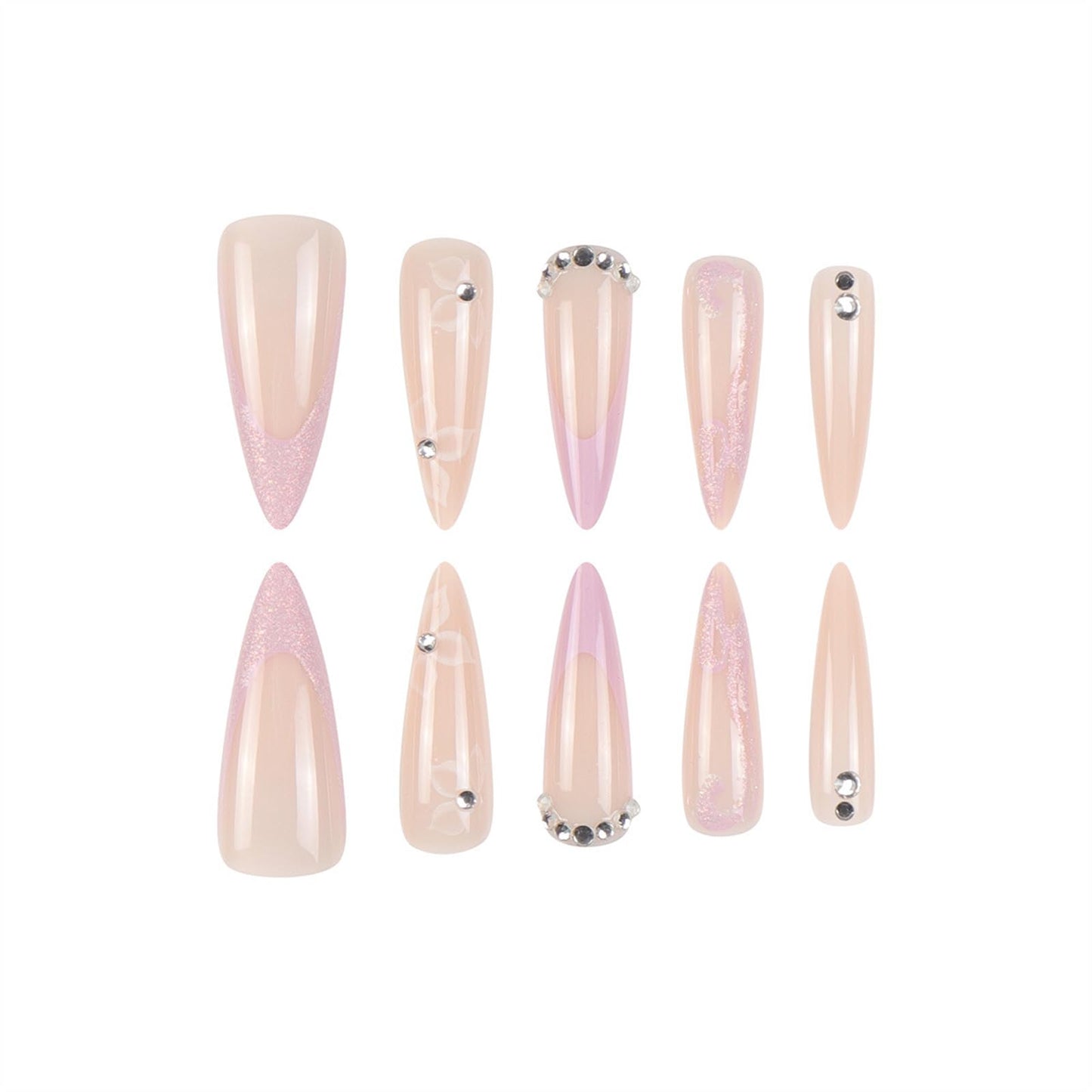 SINHOT Stiletto Press on Nails - Long Fake Nails, Glossy Finish, White Flower & 3D Rhinestones, DIY Artificial False Nail Art - 24 Pcs Nail Kit with Glue