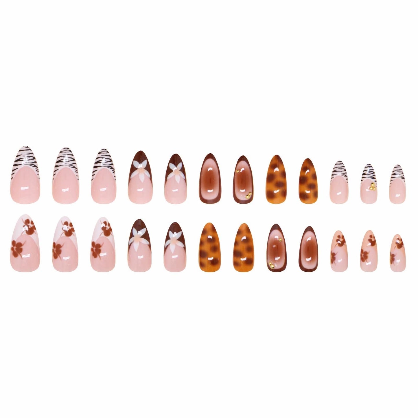 MERVF Almond Press on Nails Long Fall Fake Nails Brown French Tip Glue ons Flower Stiletto Acrylic False Nail Aura with Zebra Print Design Glossy 24pcs