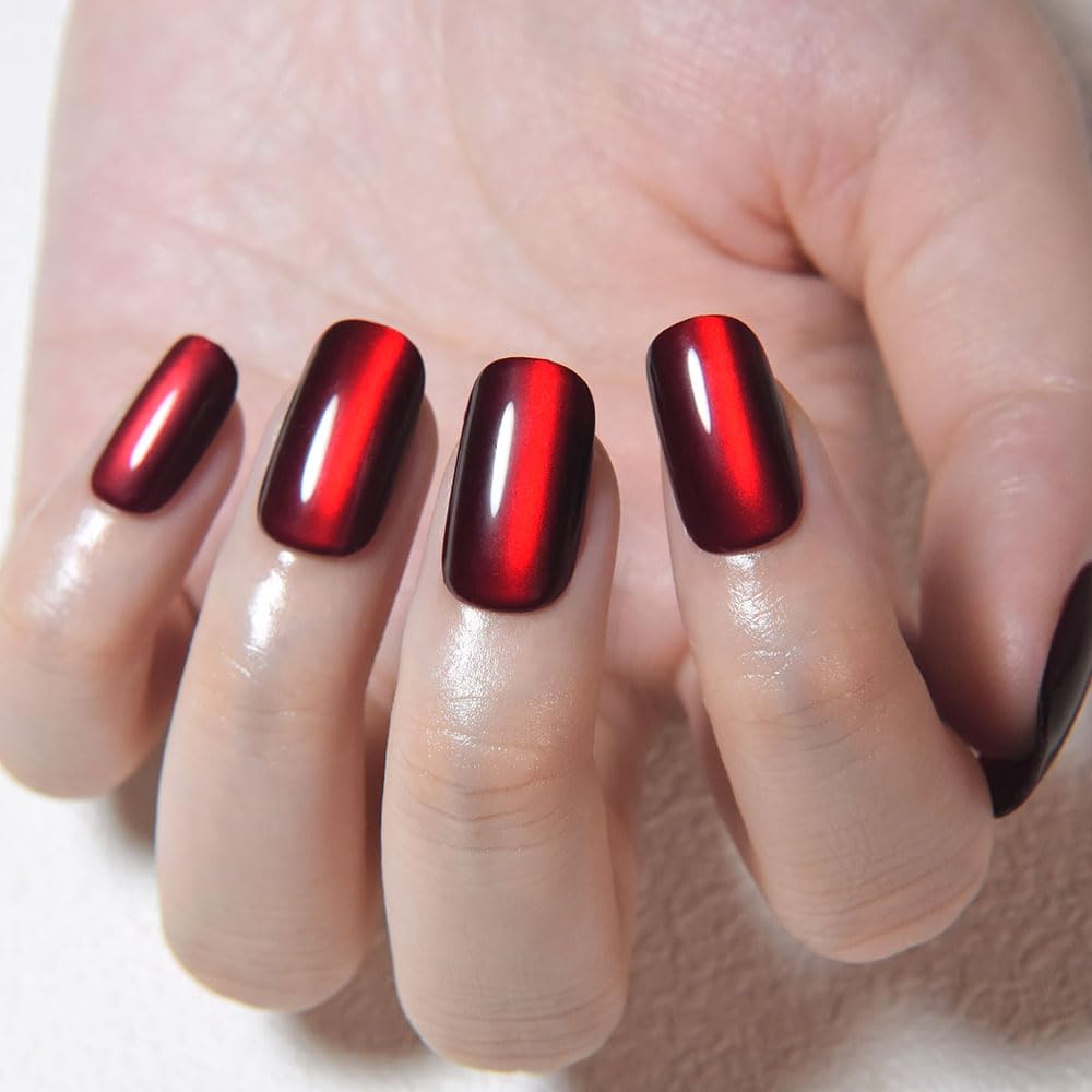 evpct Dark Blood Red Metallic Cat Eye Press on Nails Square Medium, Stick on Nails Medium Length Square for Women, Red Metallic Nail press ons, Iridescent Glitter Halloween Acrylic Fake Press on Nail