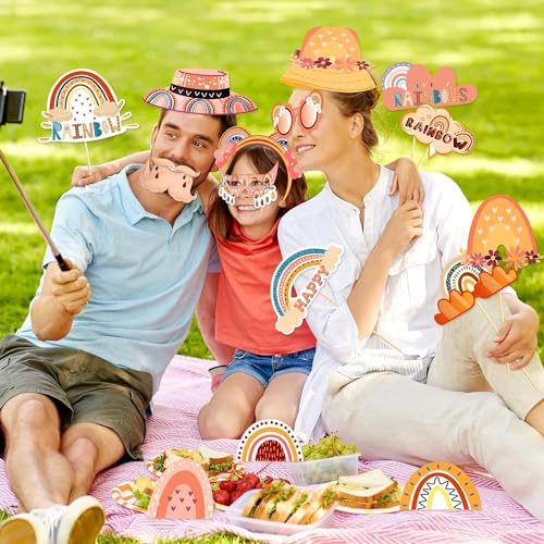 25Pcs Boho Photo Booth Props with Stick, Bohemian Theme Selfie Props, Boho Rainbow Birthday Party Supplies, Photography Backdrop Decorations