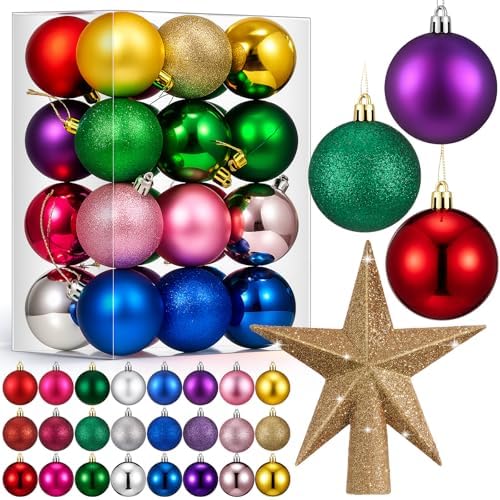 RoundFunny 25 Pcs Mini Christmas Balls Ornaments Set 2.36 Inch Christmas Day Ball Topper Star Tree Hanging Ornaments for Party Decoration(Bright Colors)