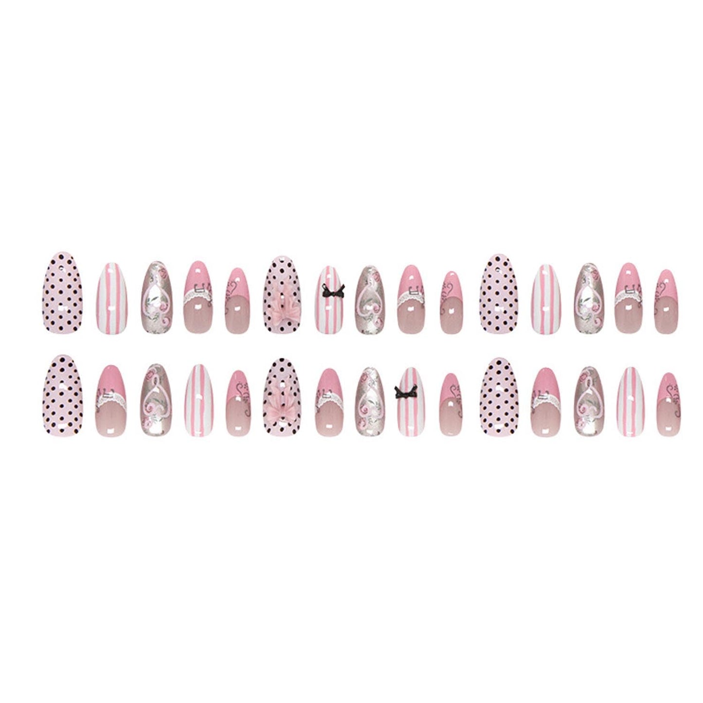 30Pcs Press on Nails Medium Almond Fake Nails with lace, Musical Note, Vine, Bow, Polka Dot Pattern Glossy Cute Bows Gradient Stick on Nails Sweet False Nails Full Cover Artificial Nails for Women