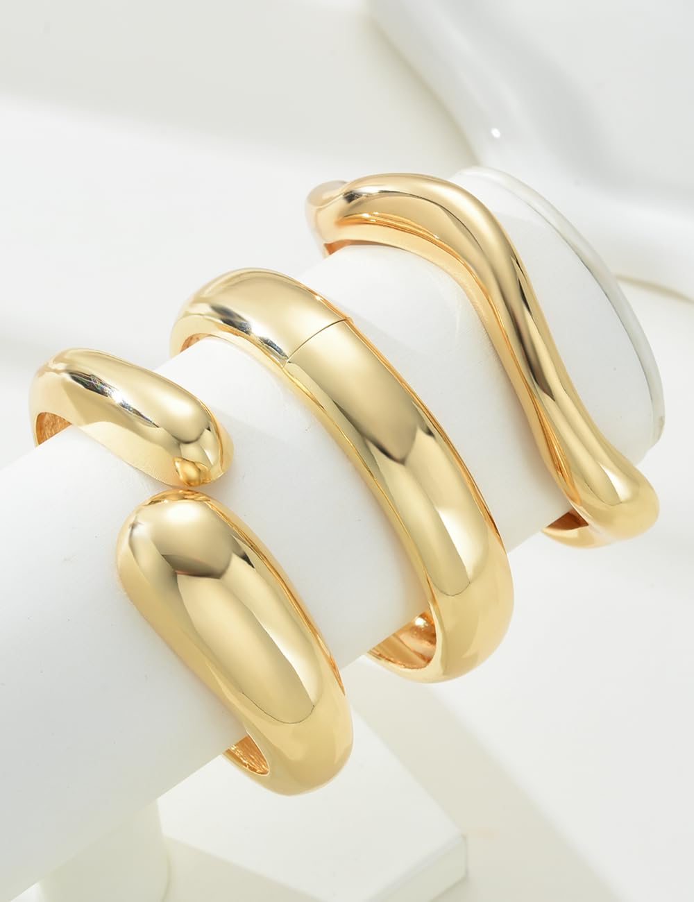 Chunky Gold Bangle Bracelets for Women, Dainty 14k Gold Plated Big Stackable Bangles Set, Trendy Statement Cuff Bracelet Stack Fashion Jewelry Gifts (Chunky gold wave bangles)