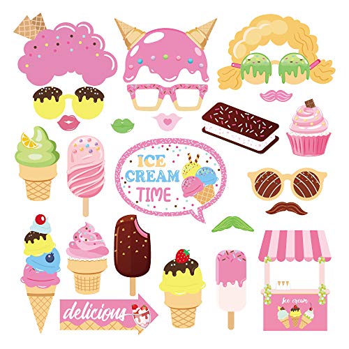 Generic Ice Cream Photo Booth Props, 25PCS (Ice Cream) with Bamboo Sticks & Glue Dots, Paper, Round Shapes, Pink, Cartoon Pattern, 7.8 x 10 Inches, Perfect for Parties & Events - color: Ice Cream