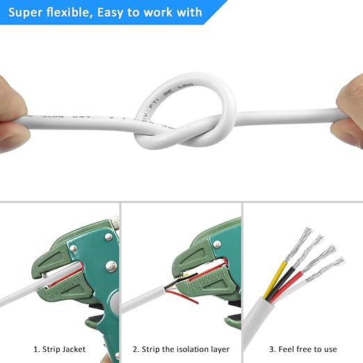 DEKIEVALE 18 Gauge 4 Conductor Electrical Wire, 16.4FT White PVC Stranded Tinned Copper 4 Wire Cable, 18/4 Cord Extension Cable for LED Lamp Lighting, Automotive, Speaker, Power etc.