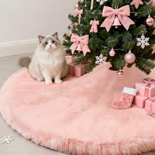 yuboo Salmon Pink Christmas Tree Skirt 48 inches, Fuzzy Fur Pastel Tree Skirt Rug Pink Christmas Decor for Slim Pencil Tree and 6-7 FT Christmas Trees