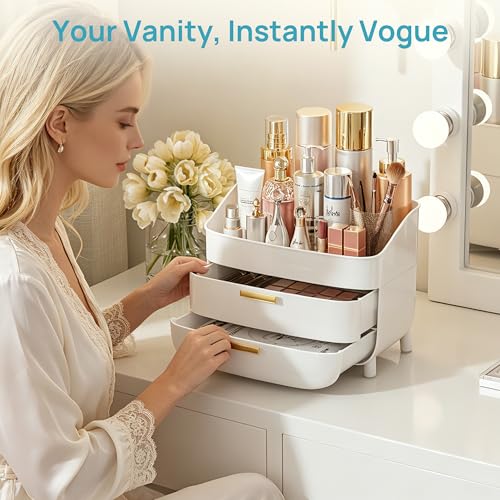 Vtopmart 3-Tier Skincare Makeup Organizer with Drawers for Vanity and Bathroom Countertop, Large Cosmetic Storage Box Case for Dresser, with Non-Slip Base - style: no Lids
