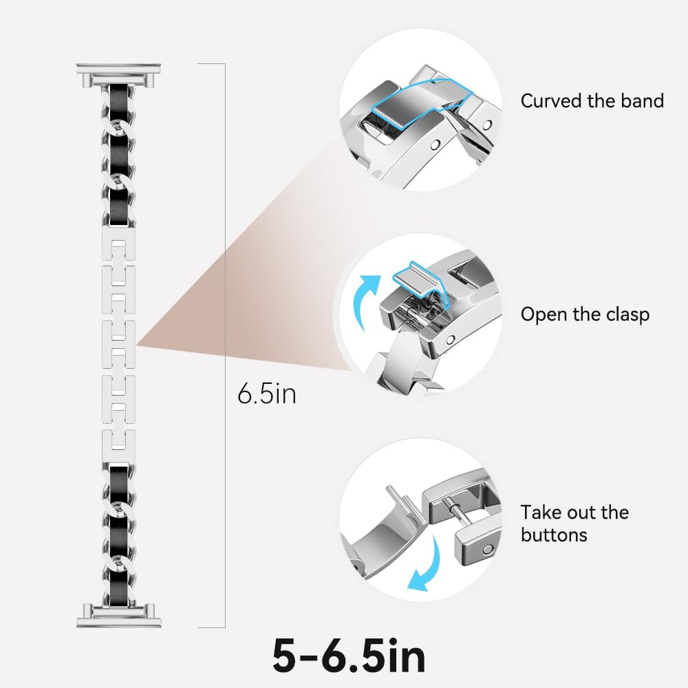 LYSANDRA Slim Gold Bands Adjustable Metal Chain Bracelet Strap Compatible with Fitpolo AR-01, aeac AR-01 Smartwatch, Adjustable Metal Chain Bracelet Strap with Leather (Silver)
