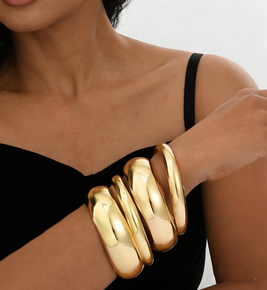 Chunky Gold Bangle Bracelets for Women, Dainty 14k Gold Plated Big Stackable Bangles Set, Trendy Statement Cuff Bracelet Stack Fashion Jewelry Gifts (4 chunky gold bangles)