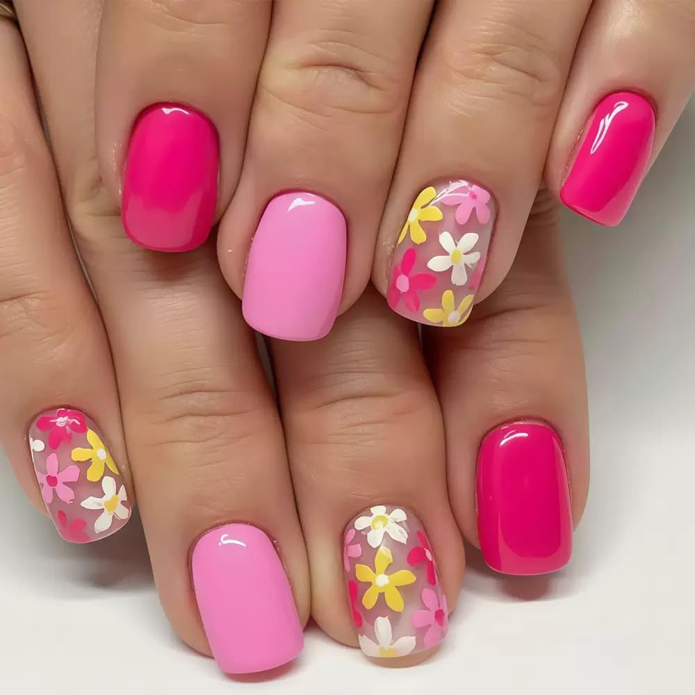 CTTHNBD Press on Nails Square - Short Fake Nails with Colorful Flower Design - Pink, Purple, Cute False Nails Press ons - for Women 24 Pcs
