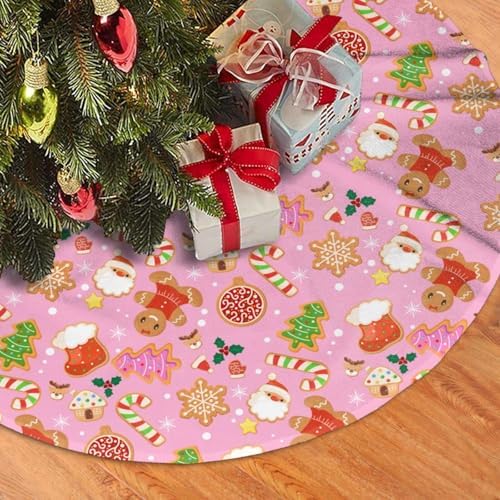 Cute Pink Christmas Cookies Tree Skirt 36 Inches Gingerbread Man Sugar Candy Cane Santa Claus Tree Skirts Xmas Mat Farmhouse Holiday Party New Year Supplies Ornaments Decorations