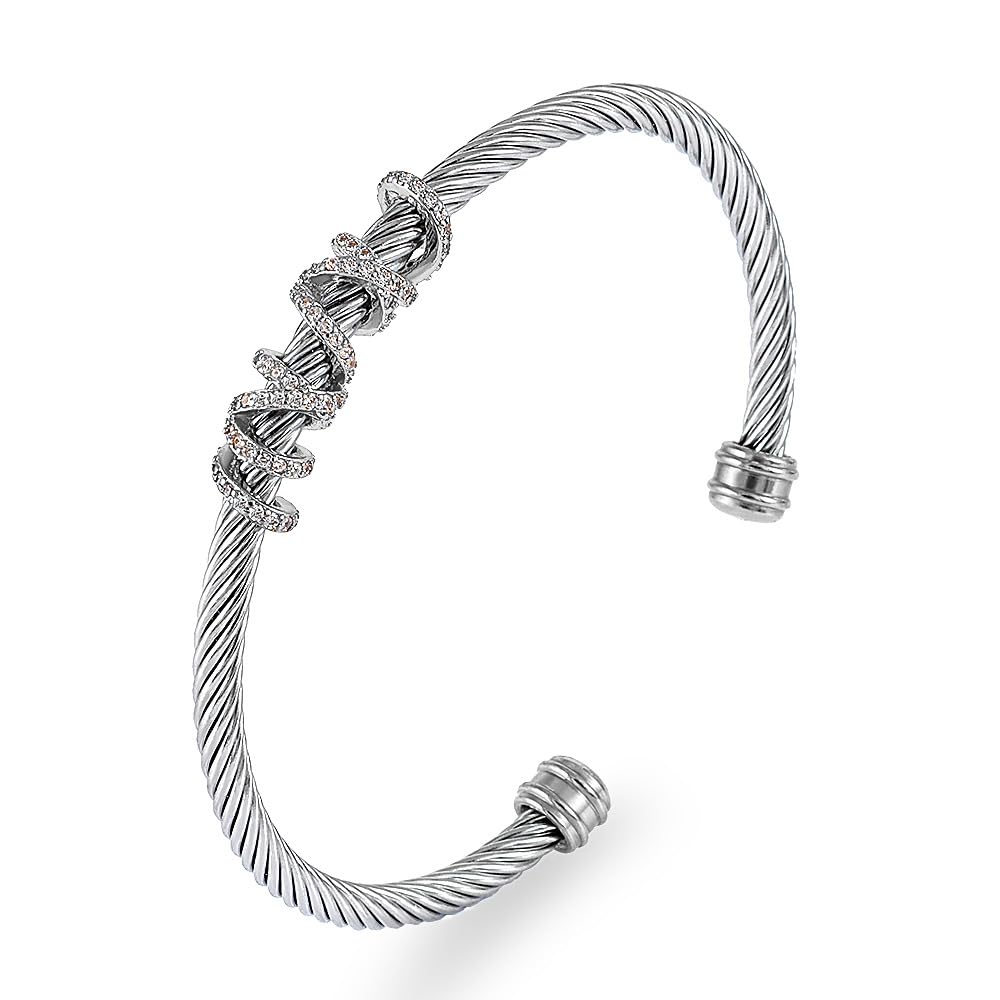 WCB1FPu Stainless Steel Cable Wire Open Cuff Adjustable Size Bangle Zircon inlaid Bracelet (1)