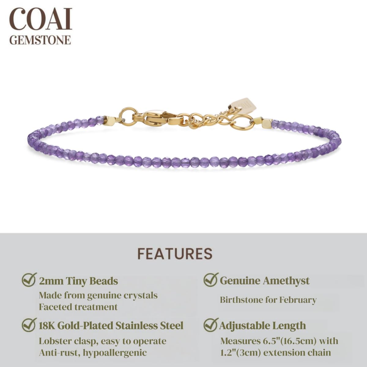 COAI Women's Dainty Crystal Bracelet Birthstone Amethyst Bracelet for Women 2mm