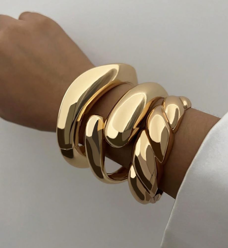 Chunky Gold Bangle Bracelets for Women, Dainty 14k Gold Plated Big Stackable Bangles Set, Trendy Cuff Bracelet Stack Fashion Jewelry Gifts (A4-gold)