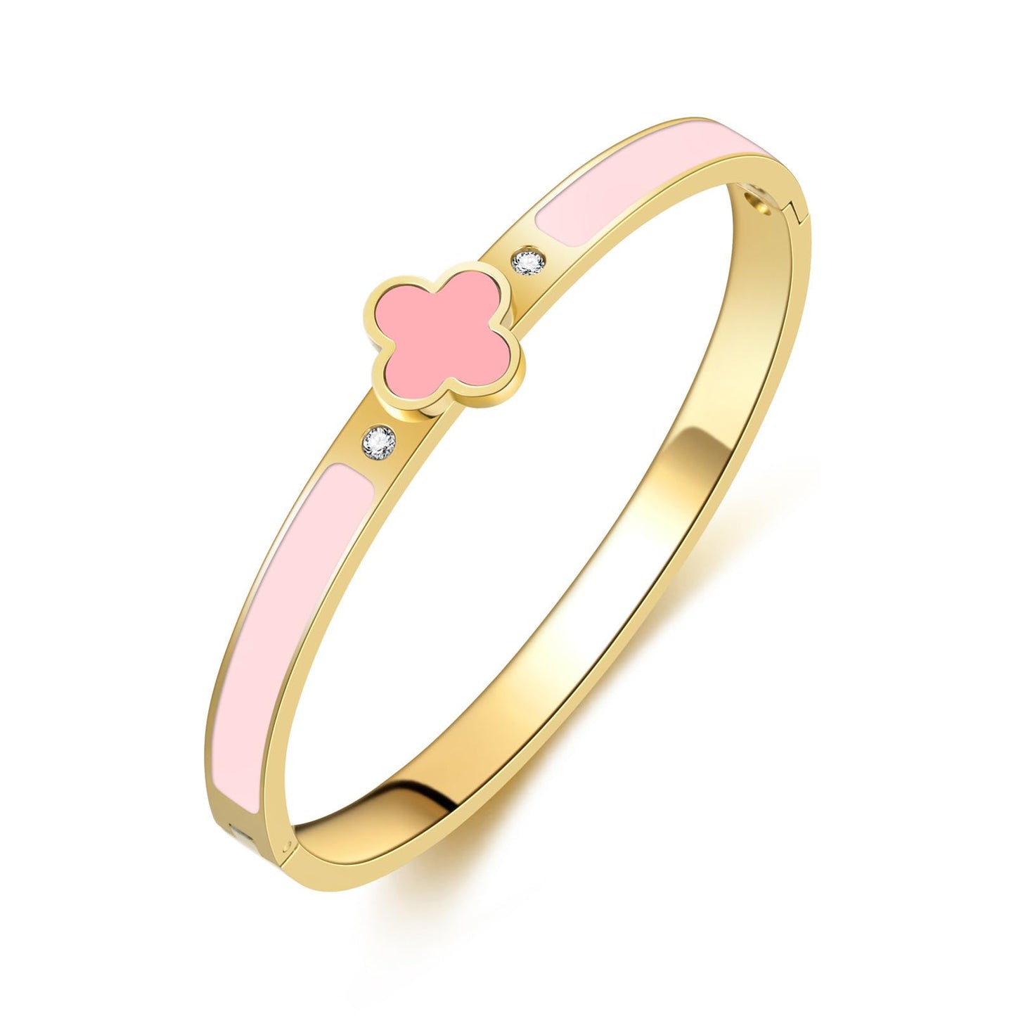 KYJAC 18k Gold Plated Stainless Steel Four Leaf Clover Bracelet for Women - Non-Tarnish, Precision Polished Chunky Oval Bangle in Black, White, Pink, Red Clover Bangle