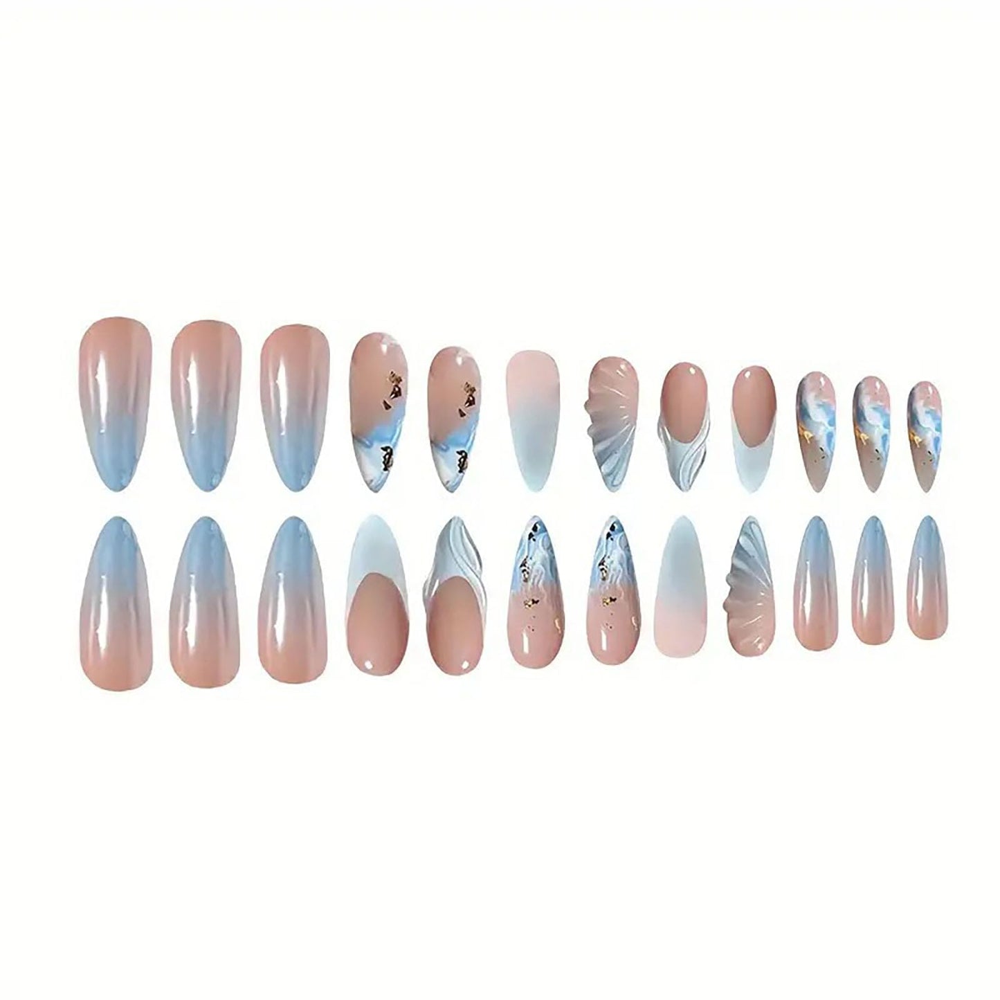 RUOKEXIN Almond Press on Nails French Tip Fake Nails Medium Length False Nails with Blue 3D Designs Spring Summer Nail Press ons Glossy Artificial Nails for Women 24Pcs