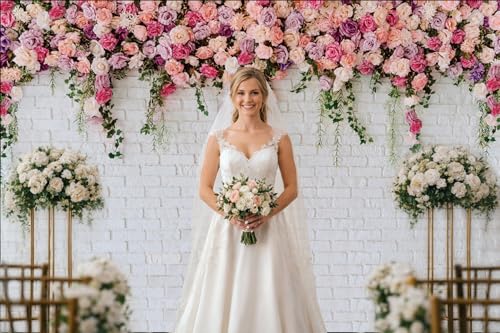 8x8ft White Brick Wall Flowers Background Spring Theme Photography Backdrop for Mother's Day Valentine Wedding Bridal Baby Shower Birthday Party Decor Banner Portrait Photo Booth Prop 134……… - size: 8x8ft