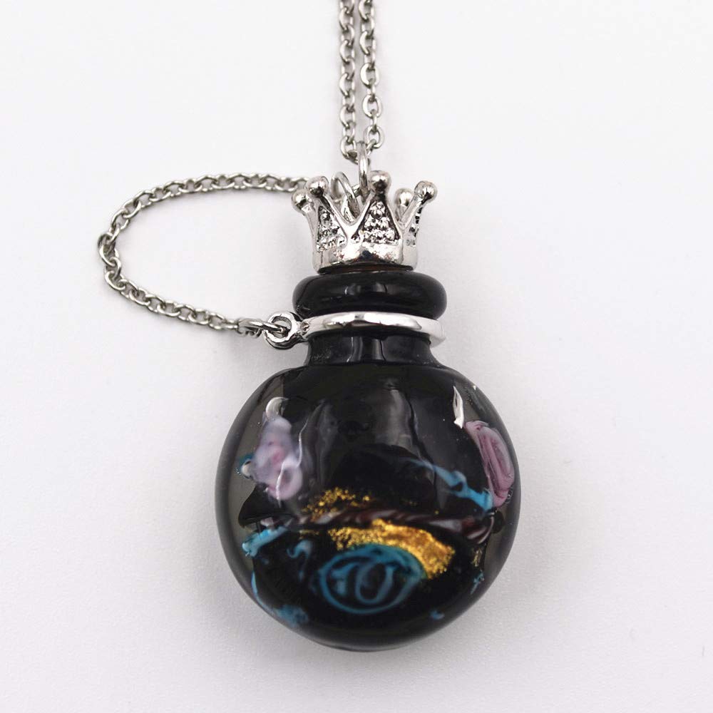 Stainless Steel Colored Glass Pendant Necklace Diffuser Perfume Pendant Aromatherapy Charms (Black)