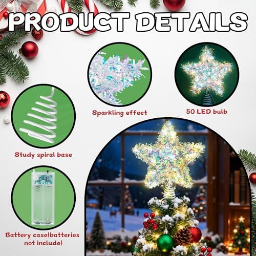 Christmas Tree Topper Star Sparkly Tinsel Star for Christmas Tree Decoration 6 Inch Iridescent Holiday Treetop Stars for Small Tabletop Tree Battery Operated Fairy Light Tinsel Topper for Xmas Tree