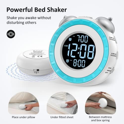 uscce Loud Dual Alarm Clock with Powerful Adjustable Bed Shaker | Vibrating Alarm Clock for Heavy Sleepers or Hearing Impaired - Easy Alarm Clock with 0-100% Dimmer & Battery Backup (White)