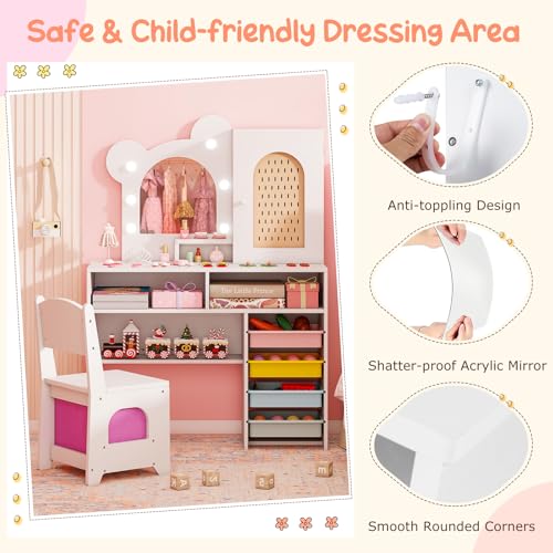 Costzon Kids Vanity with Lights, Girls Vanity Set with Mirror, Storage Drawers, Cabinet & Shelves, Toddler Makeup Vanity Desk Dressing Table, Wooden Kids Vanity Table and Chair Set (White) - style: White with Storage Bins