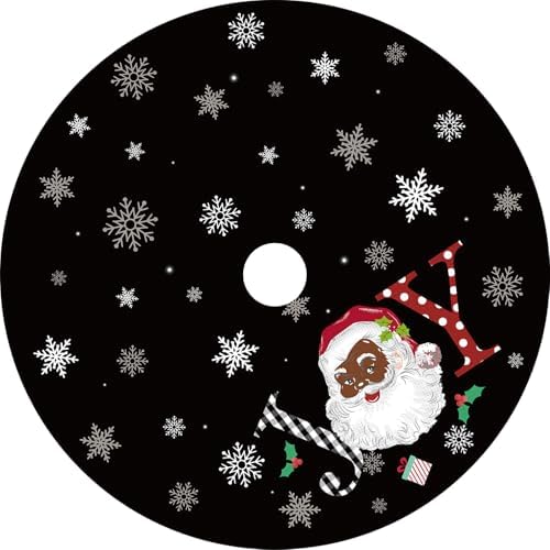 Christmas Tree Skirt 48 Inch Black Joy Santa Claus Tree Skirt African American Xmas Tree Mat Decor for Winter Holiday Christmas Party Decor Supplies