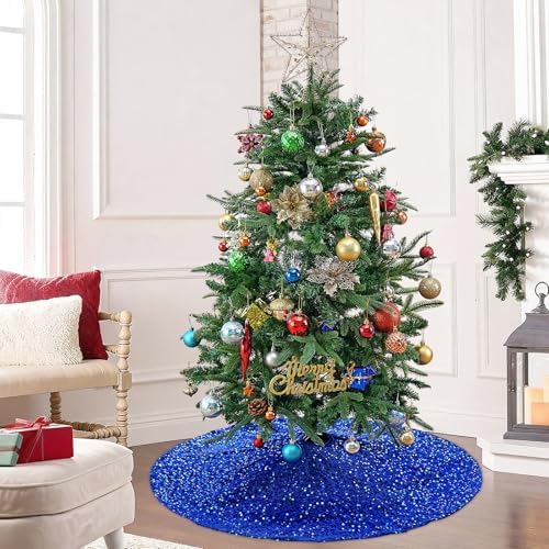 48 Inches Christmas Tree Skirt: Sequin Sparkly Tree Skirts - Royal Blue Velvet Tree Skirt for New Years Christmas Tree Decorations