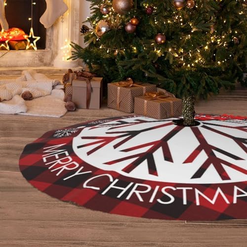 Buffalo Check Plaid Red and Black Plaid Christmas Snowflake 36 Inch Christmas Tree Skirt Carpet Mat Funny Party Decor Supplies for Xmas Halloween Ornament Decorations Occasion