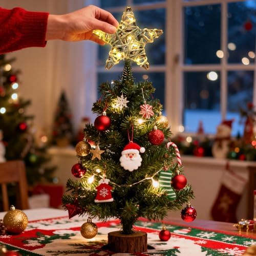 Christmas Tree Topper Rustic Christmas Tree Topper Star 6 Inch, Battery Operated Lighted Jute Rattan Star Warm White Light Christmas Tree Decoration for Small Tabletop Christmas Trees
