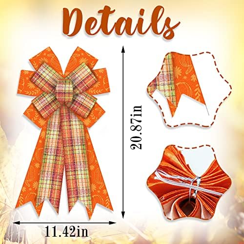 Large Fall Bows for Wreath, Thanksgiving Pumpkin Wreath Orange Buffalo Plaid for Front Door, Farmhouse Ornament Burlap Tree Topper for Fall Indoor Outdoor Decoration