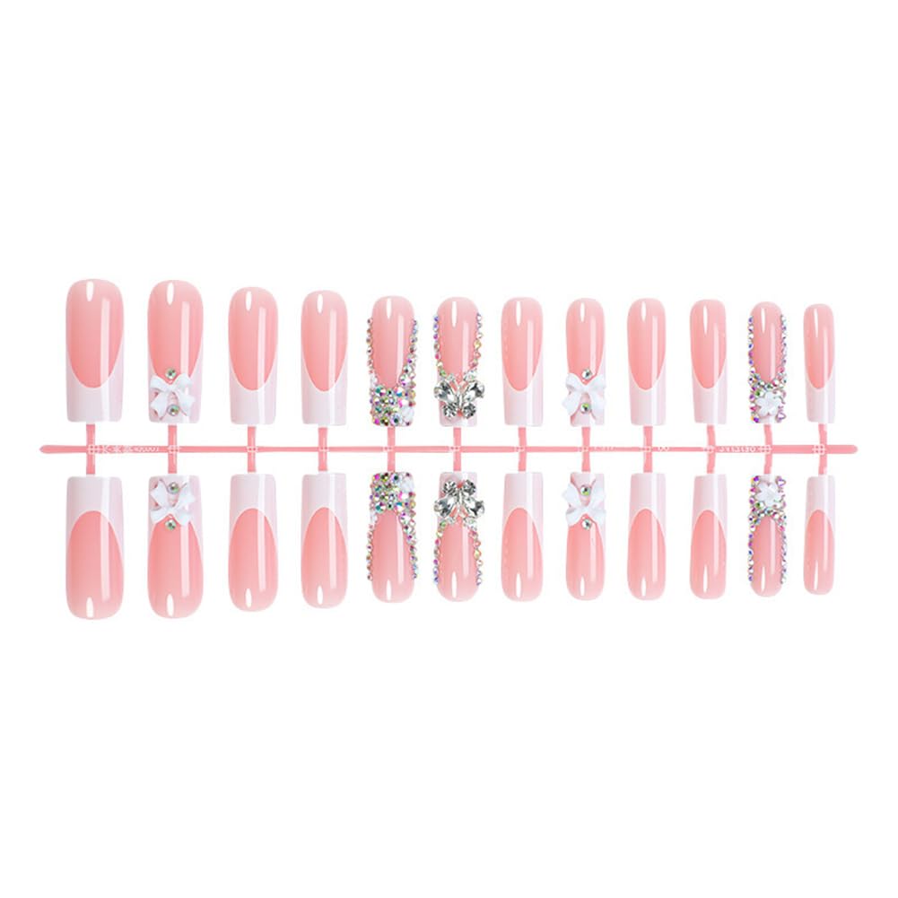 Hrnsnails Long Square Press On Nails French Tip White Fake Nails with Butterfly Charm Rhinestones Nail Press Ons Design, Artificial False Nails Press On Nail Kit Stick On Nails for Women